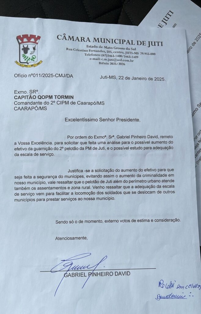 Vereador Gabriel David solicita aumento do efetivo da guarnição de Juti-MS