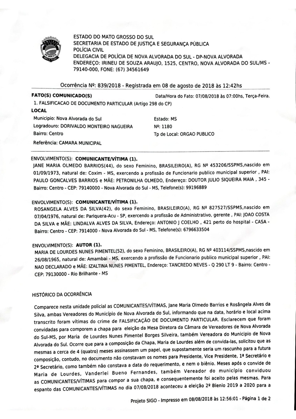 Eleição da Presidência da Câmara Municipal de Vereadores de Nova Alvorada do Sul vira caso de policia