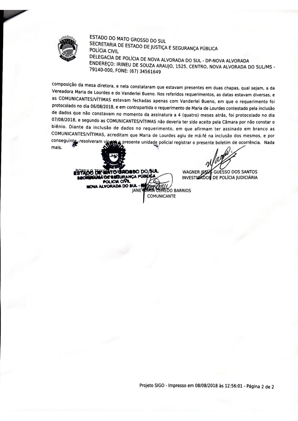 Eleição da Presidência da Câmara Municipal de Vereadores de Nova Alvorada do Sul vira caso de policia