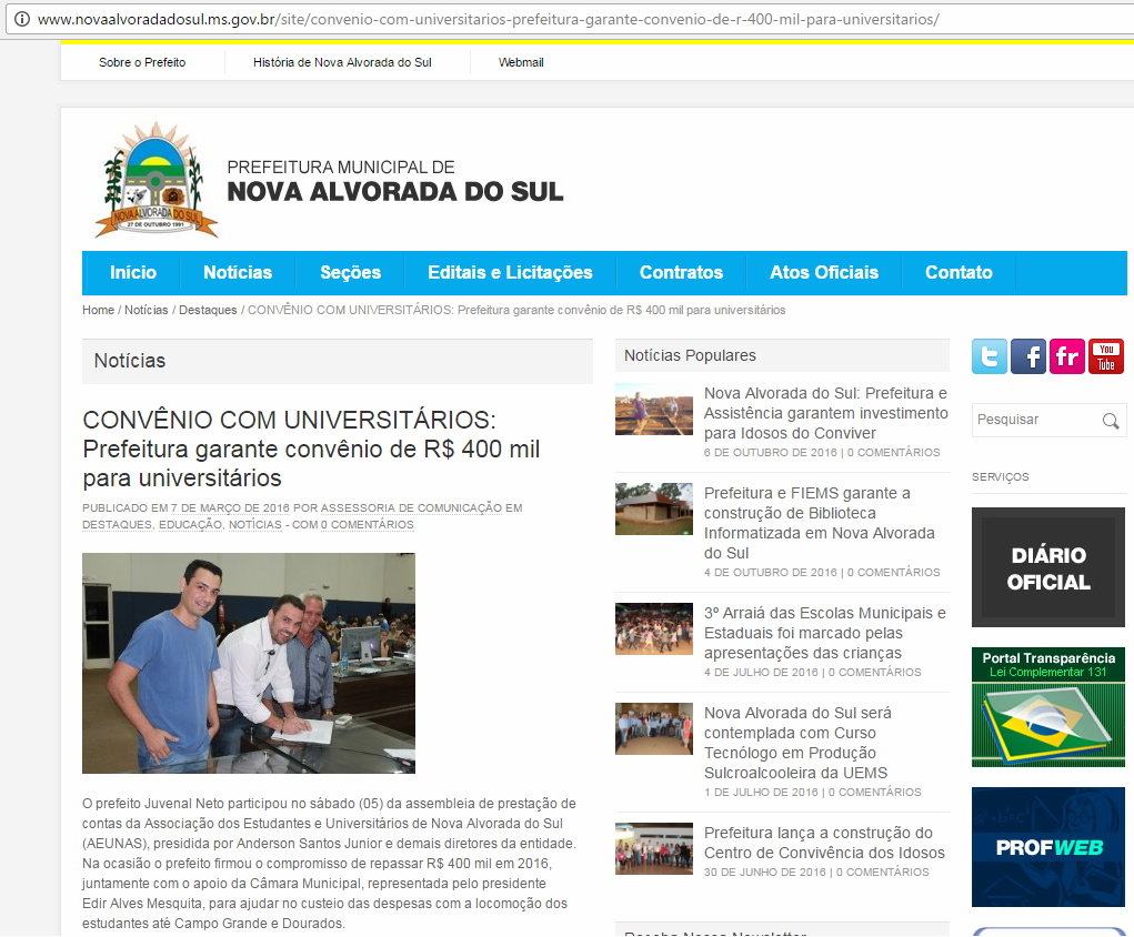Prefeitura corta verbas do transporte dos universitários gerando revolta Imagem do site da prefeitura comprova compromisso com os universitários