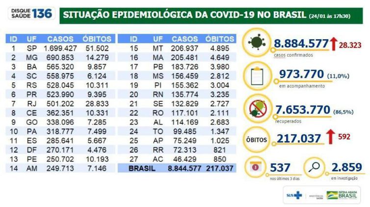 Covid-19: mortes ultrapassam 217 mil e casos somam 8,8 milhões no país