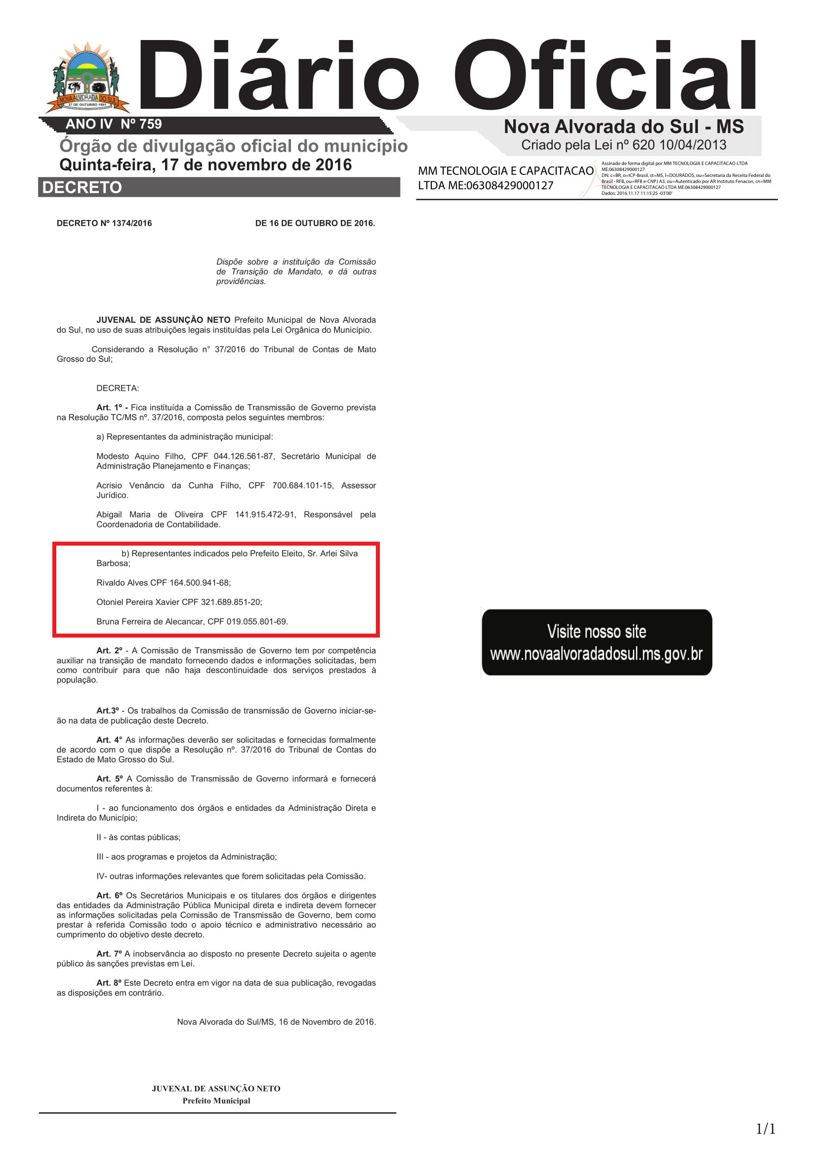 Prefeitura de Nova Alvorada do Sul publica decreto de Transição Prefeitura de Nova Alvorada do Sul publica decreto de Transição