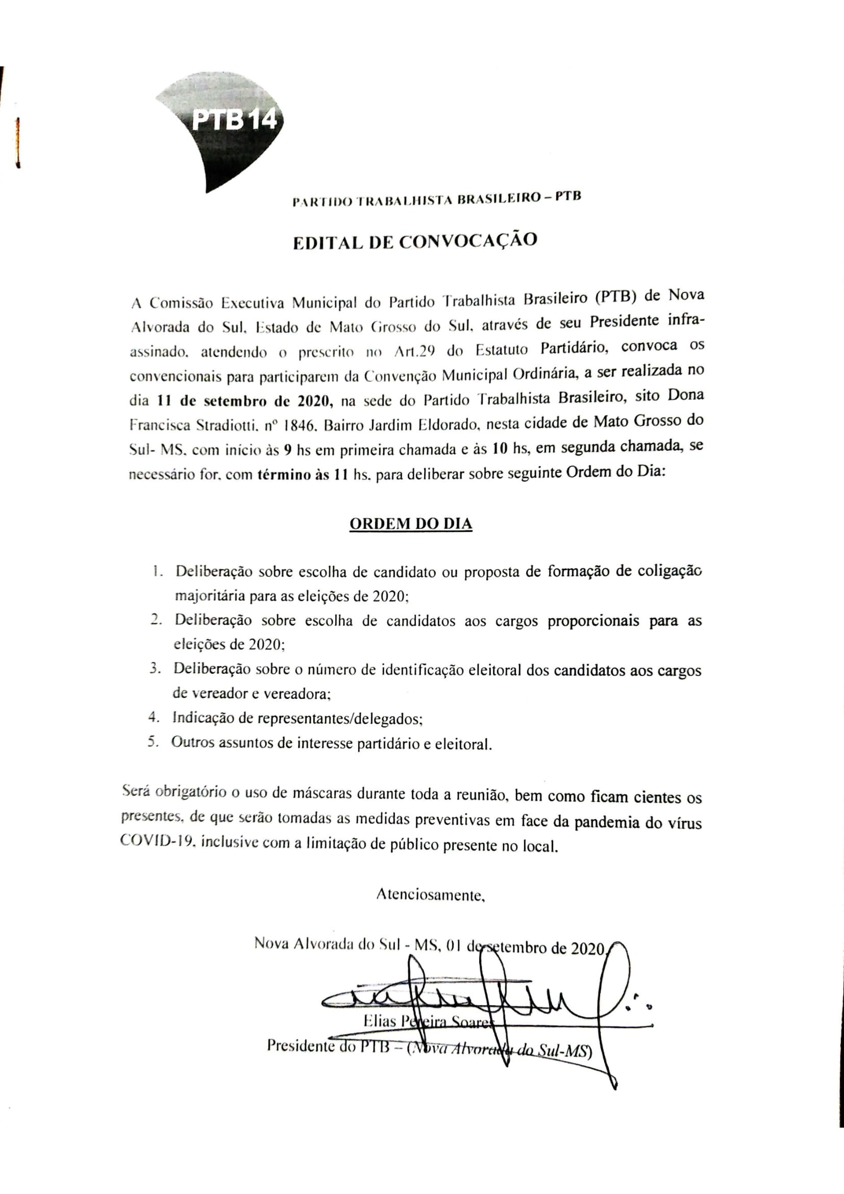 EDITAL DE CONVOCAÇÃO PARA CONVENÇÃO PARTIDÁRIA PARTIDO TRABALHISTA BRASILEIRO (PTB)