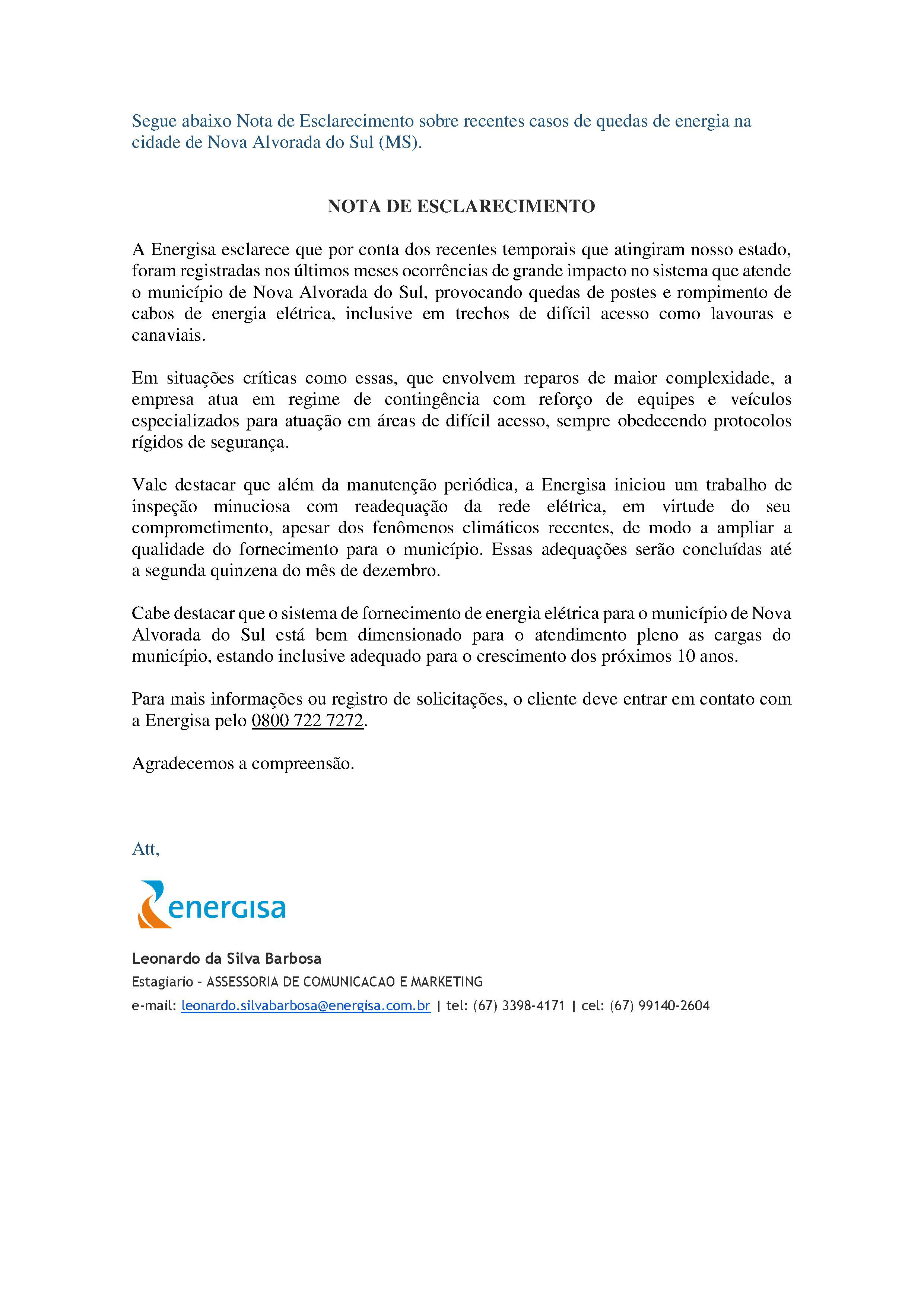 Nota de Esclarecimento ENERGISA para Nova Alvorada do Sul Nota de Esclarecimento ENERGISA para Nova Alvorada do Sul
