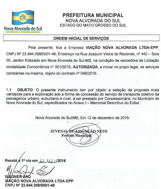 Justiça suspende concessão do transporte público de Nova Alvorada do Sul Ordem inicial de serviço assinada pelo prefeito e pelo diretor da empresa