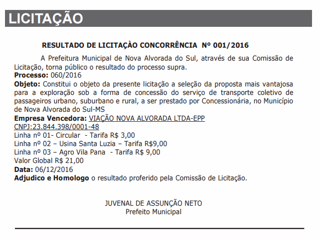 Justiça suspende concessão do transporte público de Nova Alvorada do Sul Homologação do resultado da licitação 001/2016