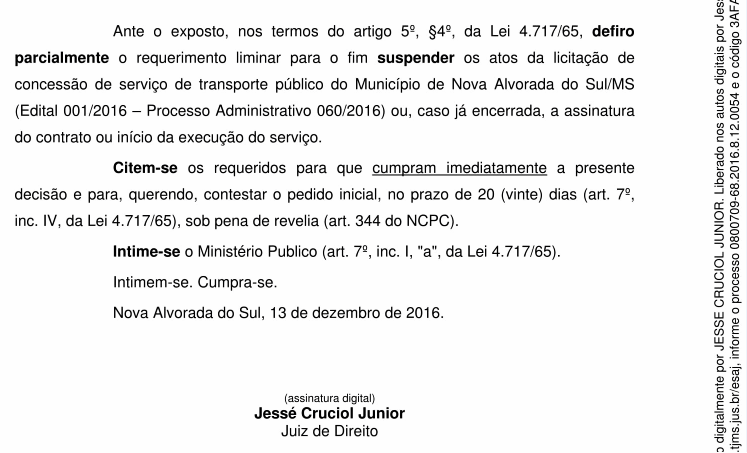 Justiça suspende concessão do transporte público de Nova Alvorada do Sul Justiça suspende concessão do transporte público de Nova Alvorada do Sul