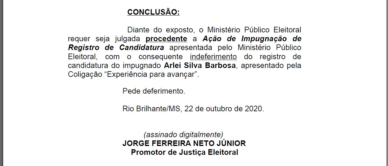 Promotoria pede impugnação da candidatura de Arlei Barbosa (MDB) e Jane Barrios (PSDB)