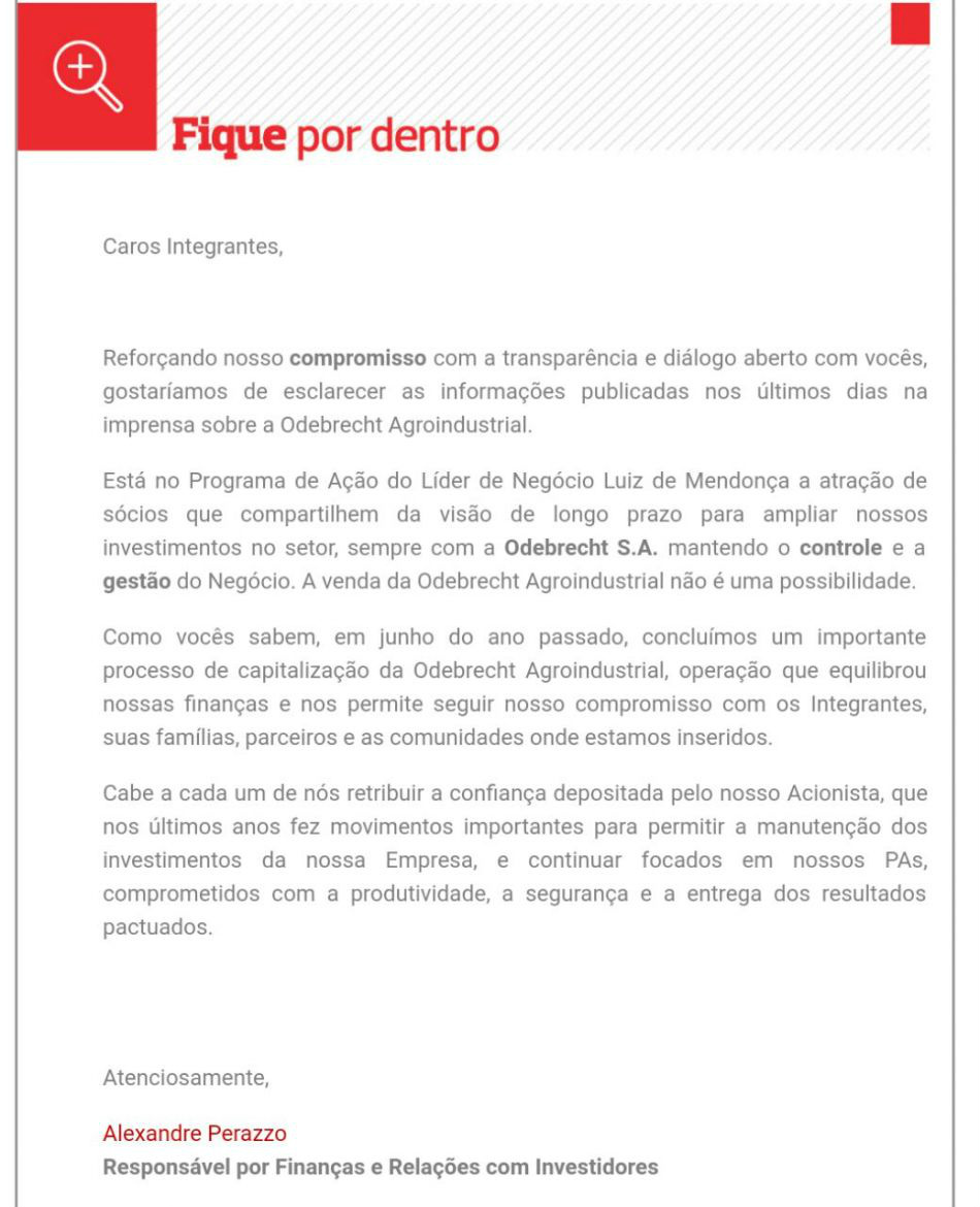 Odebrecht agroindustrial nega venda de unidades de álcool e açucar Odebrecht agroindustrial nega venda de unidades de álcool e açucar