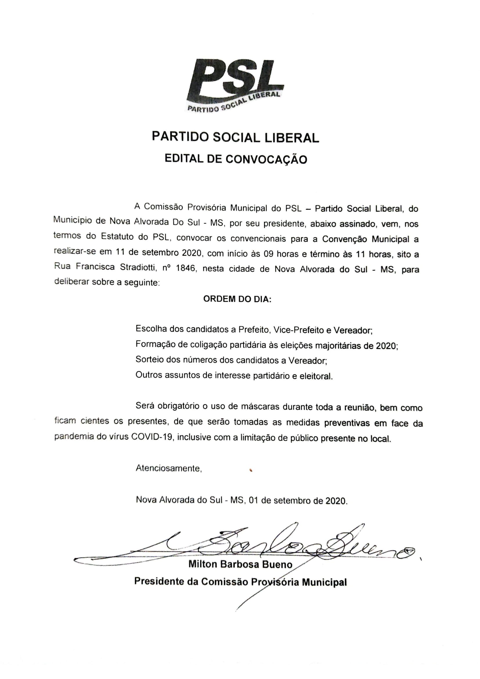 EDITAL DE CONVENÇÃO PARTIDÁRIA - PARTIDO SOCIAL LIBERAL (PSL)