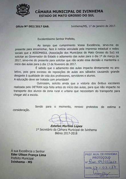 Vereador protocola ofício pedindo o início das aulas para fevereiro Vereador protocola ofício pedindo o início das aulas para fevereiro