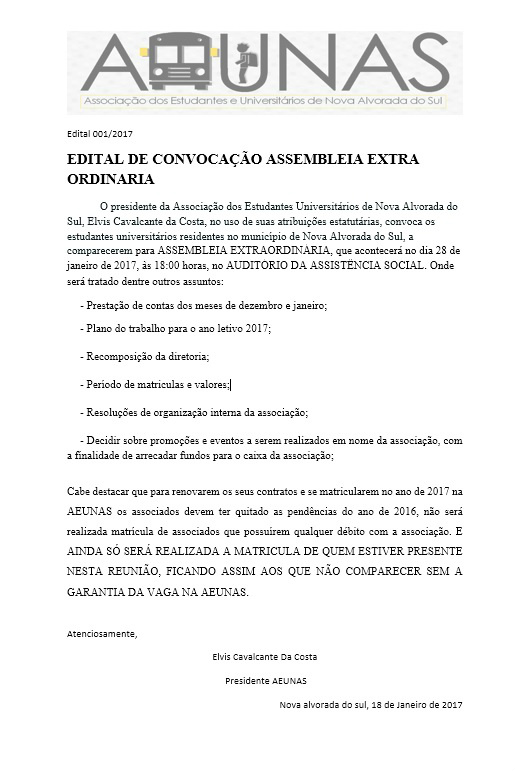 AEUNAS convoca universitários para Assembleia Extraordinária Edital de Convocação