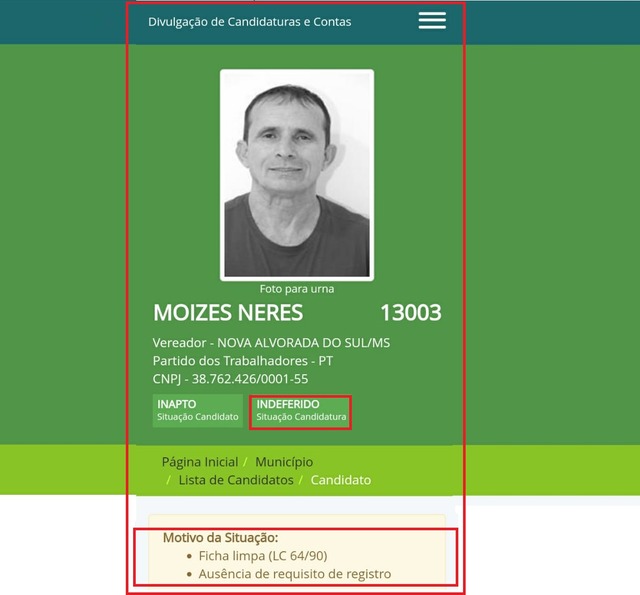 Justiça Eleitoral indefere registro de candidatura de Moizés Neres (PT) ao cargo de vereador