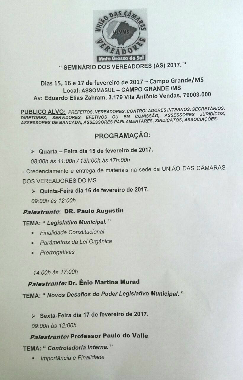 Vereadores de Nova Alvorada do Sul participam de seminário na capital