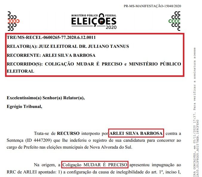 Ministério Público Federal emite parecer pelo indeferimento do registro da candidatura de Arlei Silva Barbosa