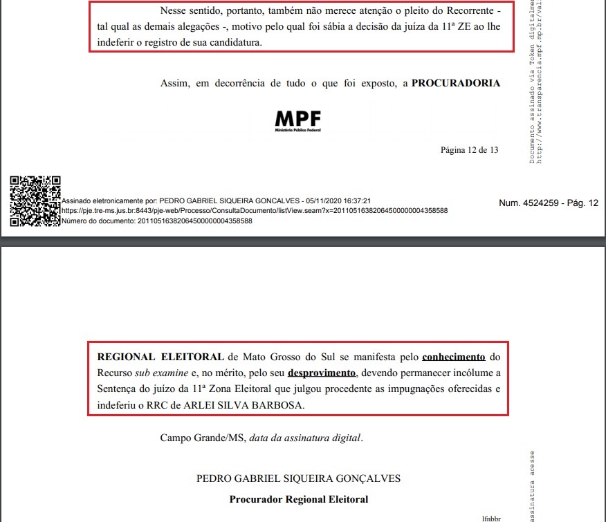 Ministério Público Federal emite parecer pelo indeferimento do registro da candidatura de Arlei Silva Barbosa
