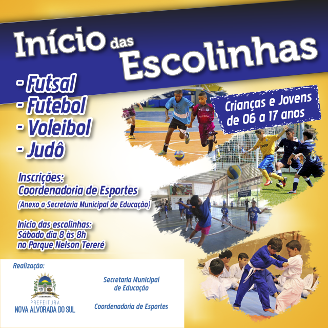 Prefeitura de Nova Alvorada do Sul inicia neste sábado escolinhas de futebol, judô, voleibol e futsal