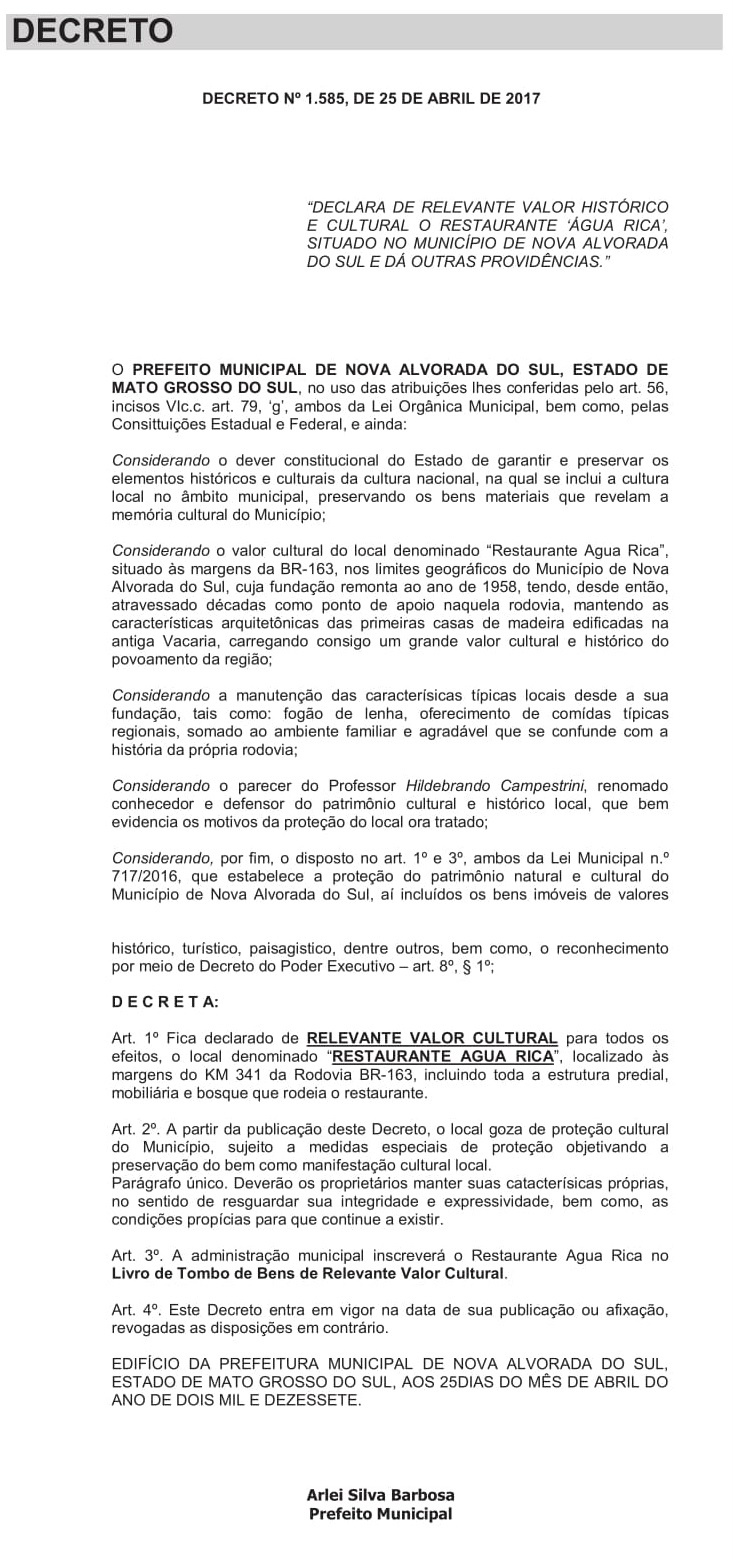Para preservar história Prefeito Arlei decreta “Relevante Valor Cultural” ao restaurante Água Rica Para preservar história Prefeito Arlei decreta “Relevante Valor Cultural” ao restaurante Água Rica