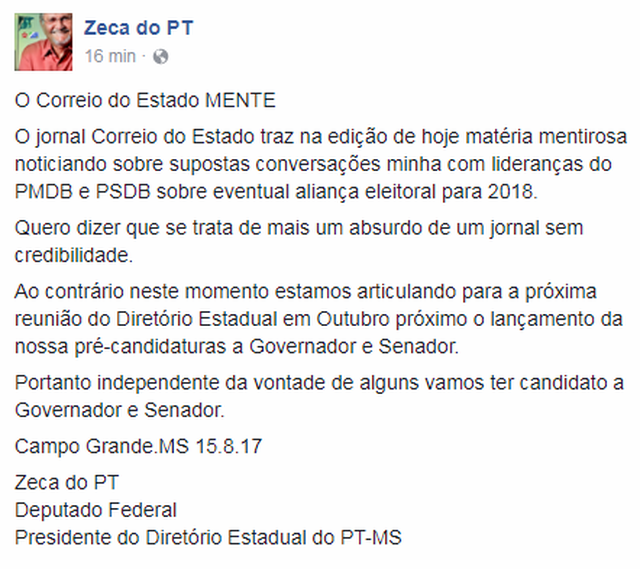Deputado Federal Zeca do PT desmente Correio do Estado Pela sua pagina o Deputado desmentiu a materia/ Fonte Facebook