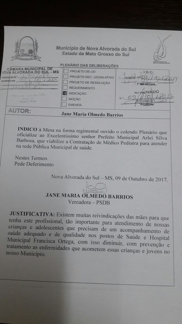 Vereadora Jane Barrios solicita médico pediatra para atender Nova Alvorada do Sul Vereadora Jane Barrios solicita médico pediatra para atender Nova Alvorada do Sul