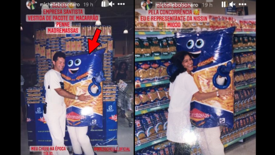 Michelle Bolsonaro fala de primeiro emprego vestida de pacote de macarrão