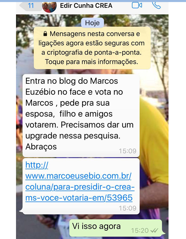 Print, enviado a nossa redação por nossa fonte, comprova que o funcionário esta fazendo campanha para o candidato denunciado. 