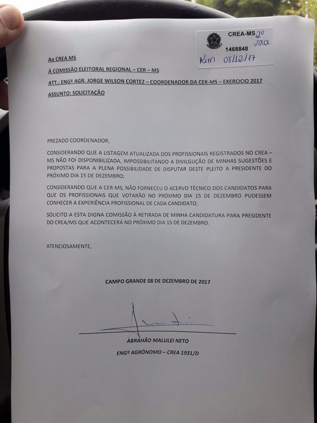 Abrahão Malulei renúncia candidatura à presidência do Crea-MS