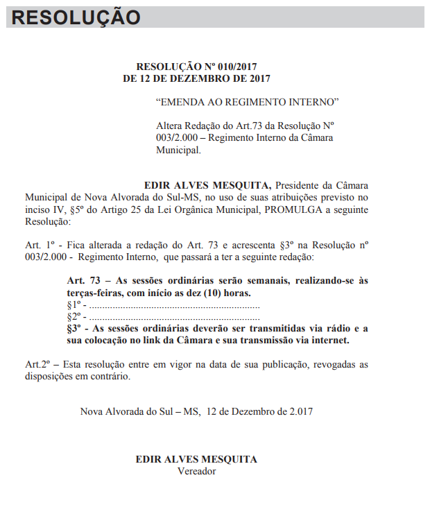 Câmara Municipal de Vereadores de Nova Alvorada do Sul, muda o horário das Sessões