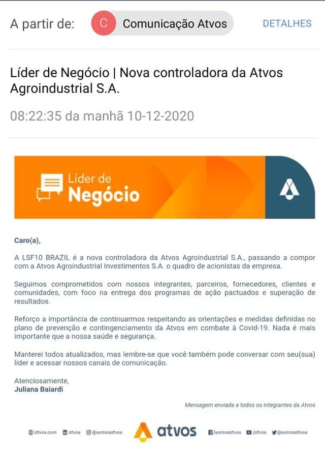 Justiça determina transferência imediata das ações da Atvos para fundo americano