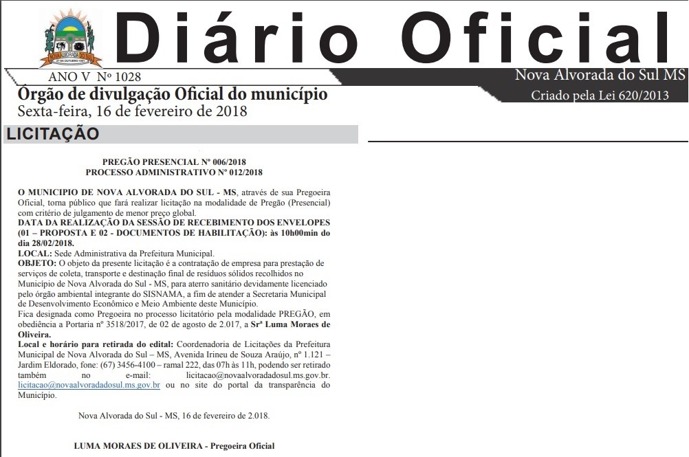 Prefeitura abre licitação para contratar serviço de coleta de lixo em Nova Alvorada do Sul