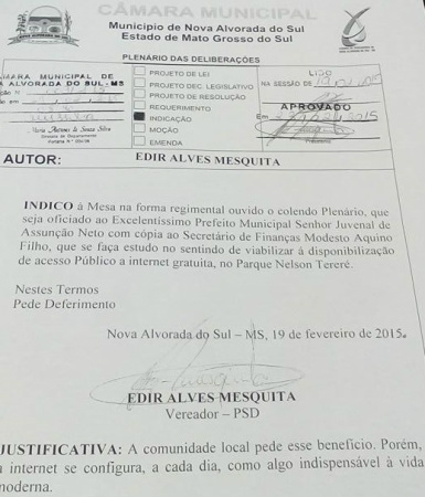 Nova Alvorada do Sul Copia da indicação realizado em 19 de fevereiro de 2015 (copia fornecida pelo Vereador)