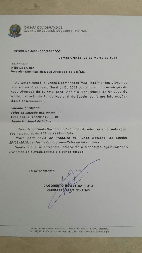 Vereador Nélio viabiliza R$ 100 mil em emenda federal para Nova Alvorada do Sul Vereador Nélio viabiliza R$ 100 mil em emenda federal para Nova Alvorada do Sul