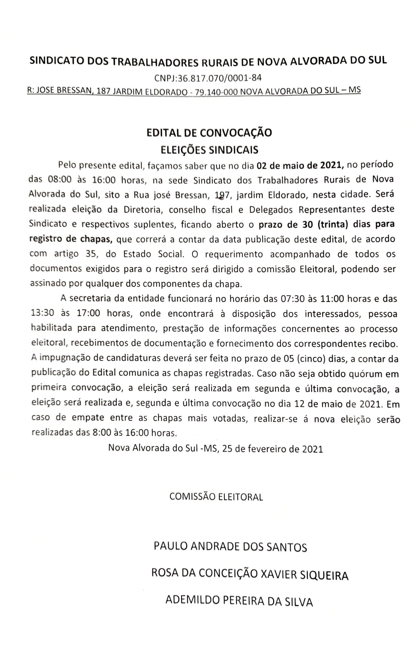 EDITAL DE CONVOCAÇÃO ELEIÇÕES SINDICAIS - SINDICATO DOS TRABALHADORES RURAIS DE NOVA ALVORADA DO SUL