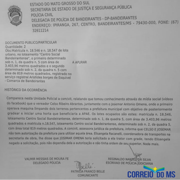 Prefeitura denuncia ex-secretário após limpeza de terreno para instalação de projeto social para APAE Boletim de Ocorrência Registrada pela Prefeitura