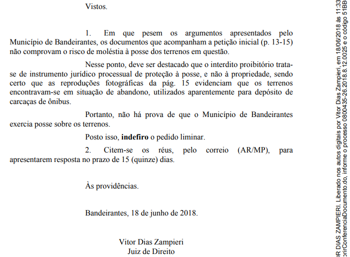 Sentença proferida pelo Vitor Dias Zampieri Juiz de Direito da Comarca de Bandeirantes-MS