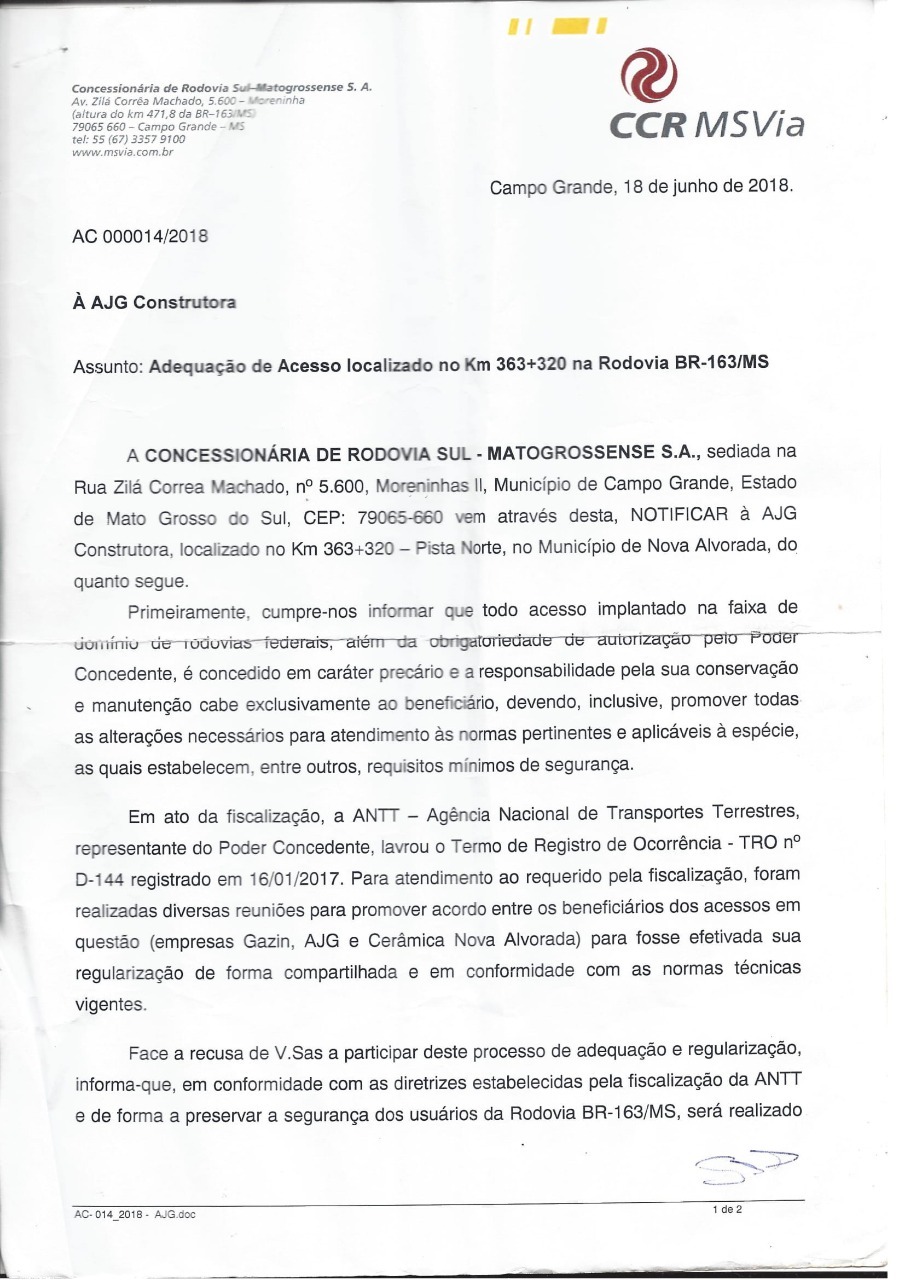 Notificação da CCR MS VIa