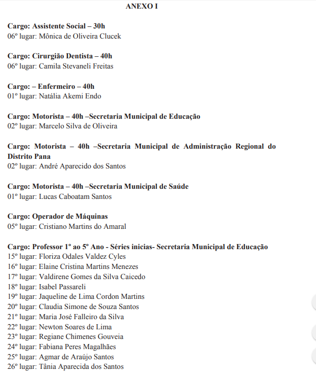 Concurso Público 01/01/2016, devidamente homologado através do Decreto n.º 1279/2016, Diário Oficial Municipal