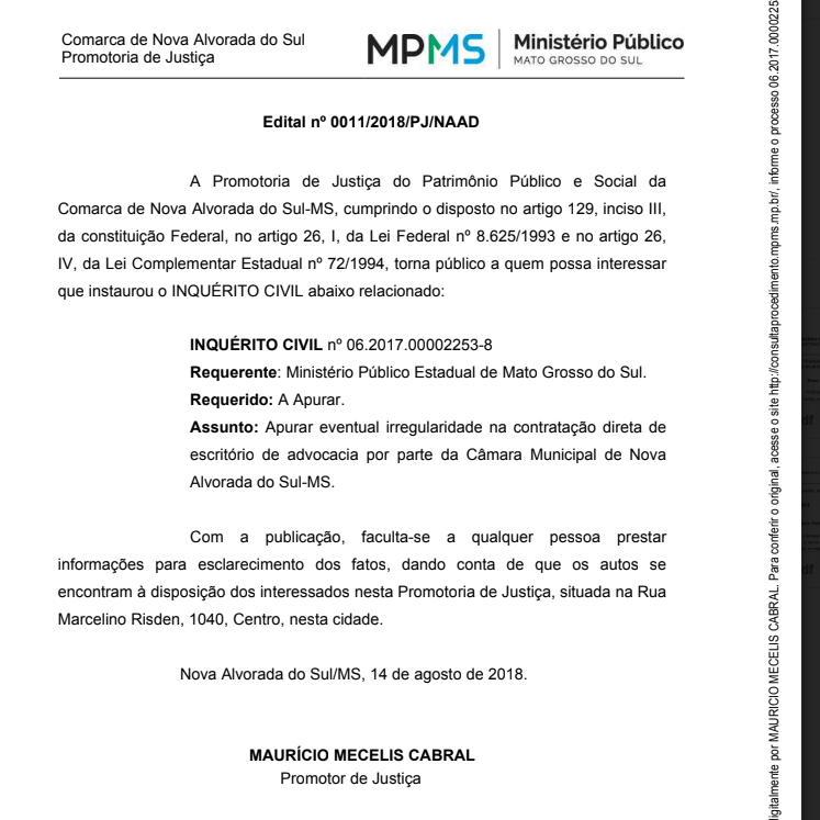 Funcionários Fantasmas e Contratação Irregular de Escritório de Advocacia tornam Câmara de Nova Alvorada do Sul alvo do MPE