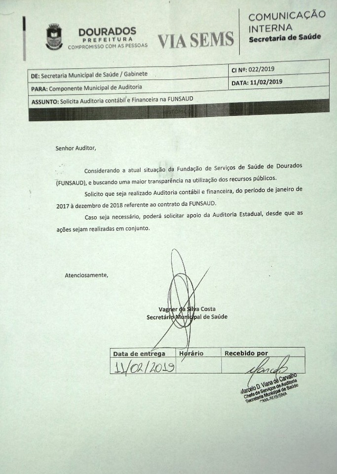 Secretário pede auditoria nas contas da Fundação de Saúde de Dourados