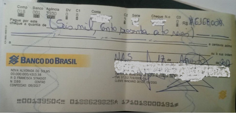 Ministério Público investiga, pagamento feito pela Prefeitura de Nova Alvorada do Sul, por serviços supostamente não prestados Copia do cheque que foi emitido de forma suspeita e que faz parte do processo de investigação. foto IC 06.2018.00002437-3