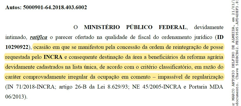 Ministério Público Federal diz que LOTE 01 é impossível de Regularização