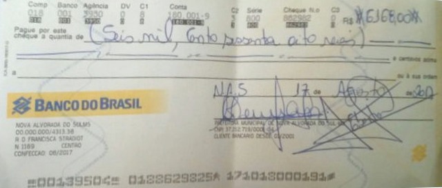 copia do cheque que esta sobre investigação no Ministério Publico; foto MPMS