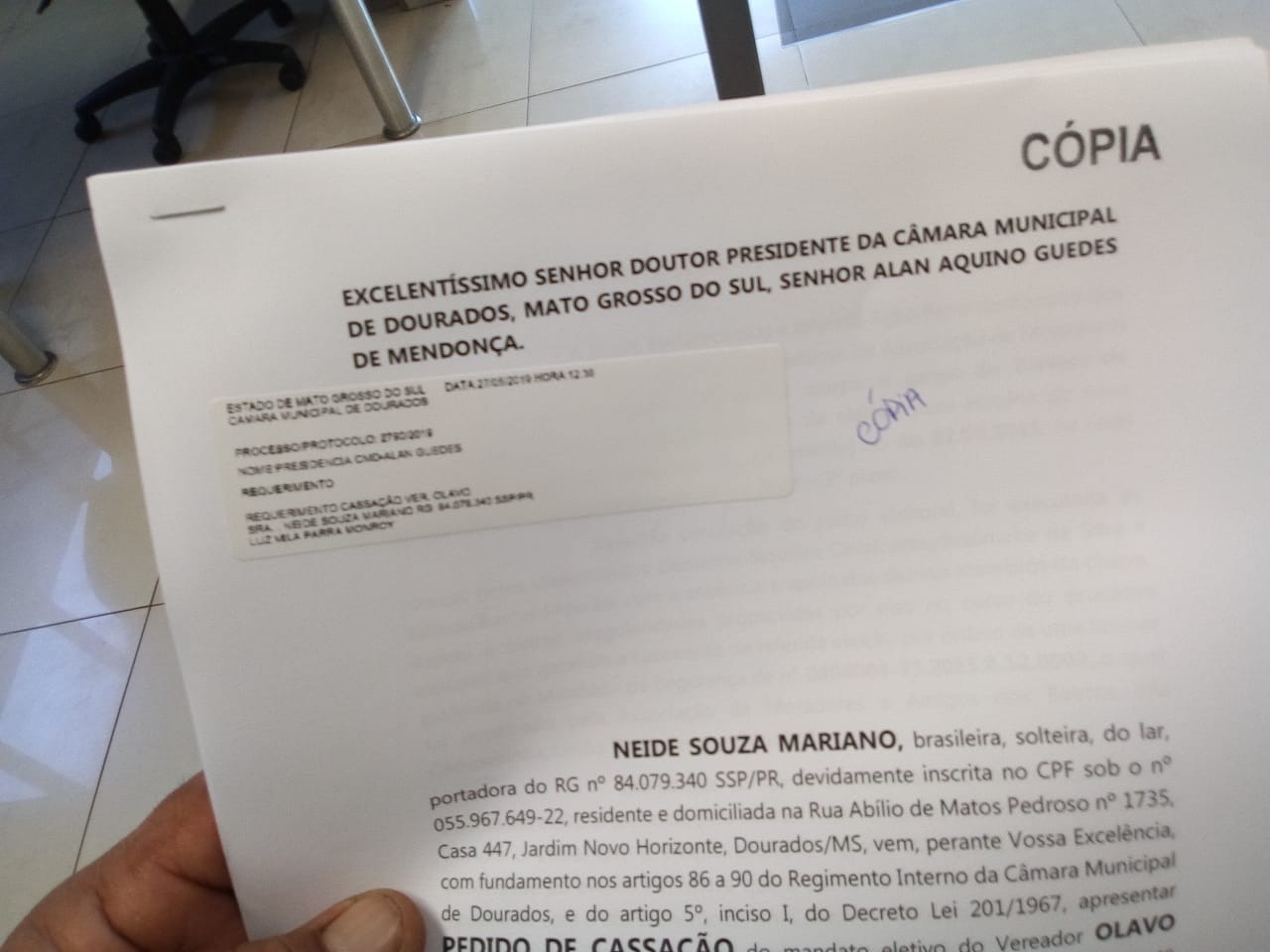 Câmara de Dourados recebe pedido de cassação do vereador Olavo Sul