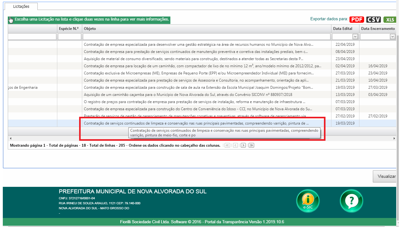 Tela do Portal de Transparência da Prefeitura Municipal de Nova Alvorada do Sul.
