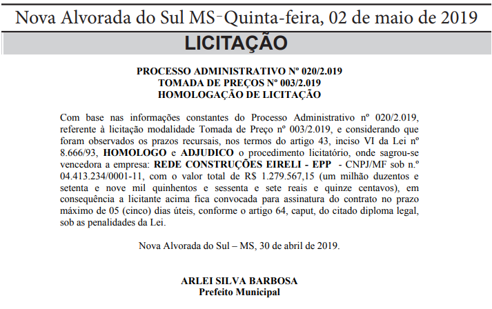 Extrato do Diário Oficial de 02 de Maio de 2019
