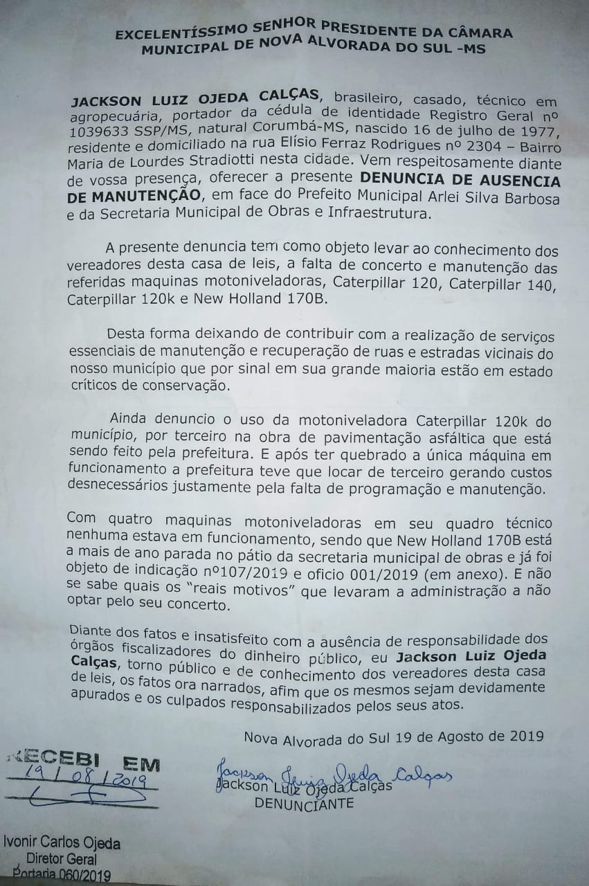 OMISSÃO: Câmara Municipal de Nova Alvorada do Sul, “rejeita” denuncia de morador e o caso vai parar no Ministério Publico OMISSÃO: Câmara Municipal de Nova Alvorada do Sul, “rejeita” denuncia de morador e o caso vai parar no Ministério Publico