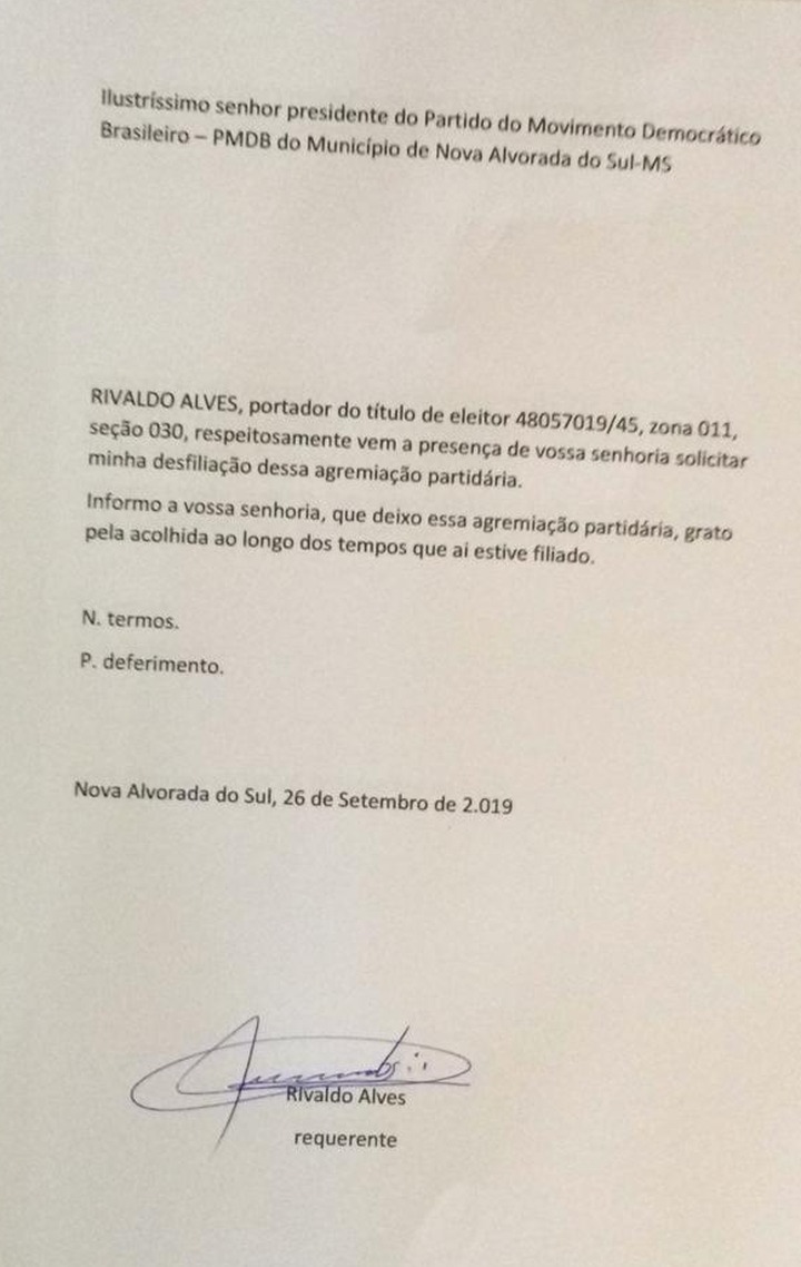Ex-prefeito Rivaldo Alves deixa o MDB e irá compor novo grupo politico Pedido de desfiliação foi assinado em 26 de Setembro de 2019.