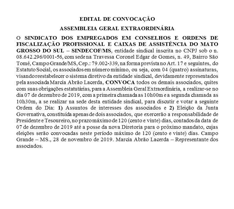 EDITAL DE CONVOCAÇÃO ASSEMBLEIA GERAL EXTRAORDINÁRIA