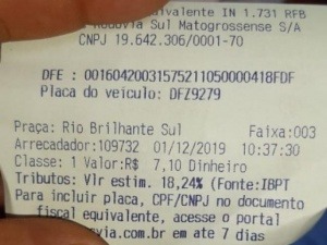 Decisão da Justiça suspende redução na tarifa de pedágio da BR-163 em MS Comprovante emitido neste domingo (1º) com valor anterior à decisão da ANTT (Foto: Direto das Ruas)