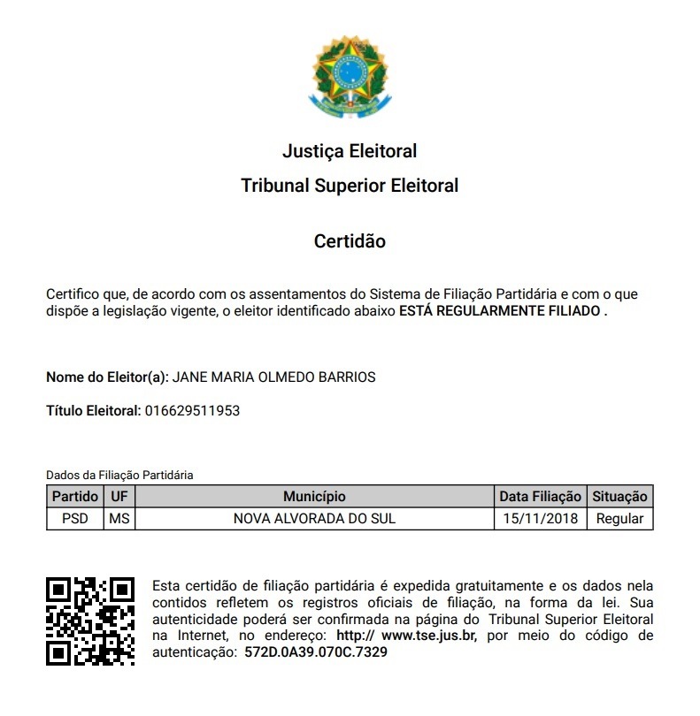 Certidão emitida pela Justiça Eleitoral confirma que a Vereadora Jane Barrios está filiada ao PSD Partido Social Democrático 